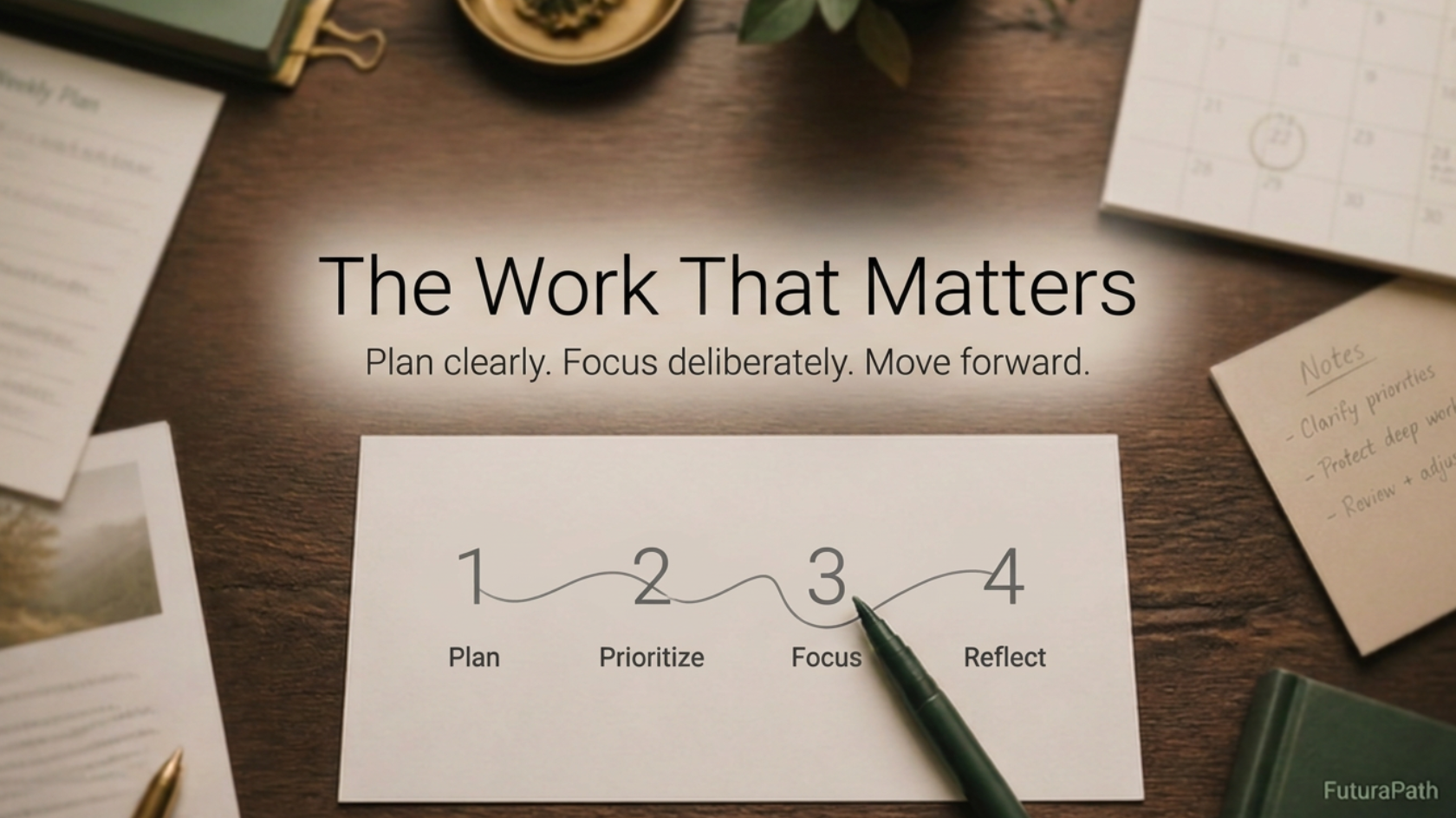 Planning page on an executive desk showing Plan, Prioritize, Focus, and Reflect beneath the words The Work That Matters.